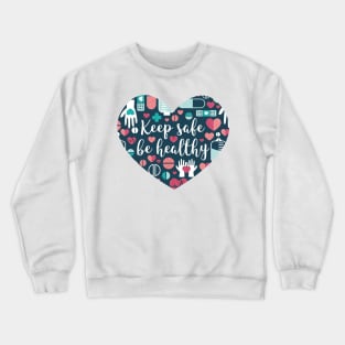 Keep safe be healthy // heart print // navy blue background aqua mint red white and coral medicine elements Crewneck Sweatshirt